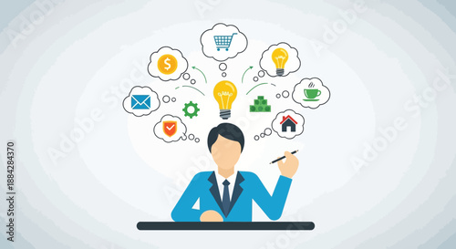 A professional man brainstorming innovative ideas and concepts at his desk with various icons and symbols surrounding him