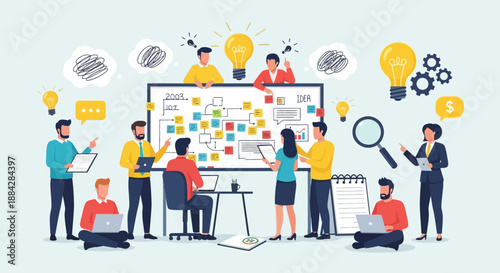 Creative Team Brainstorming Session with Illustrations and Graphics around a Large Display