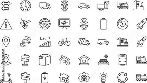 Transportation, logistics, mobility and energy line icon set including vehicles, location symbols, traffic lights, charging, navigation, delivery, renewable power, infrastructure and urban transport