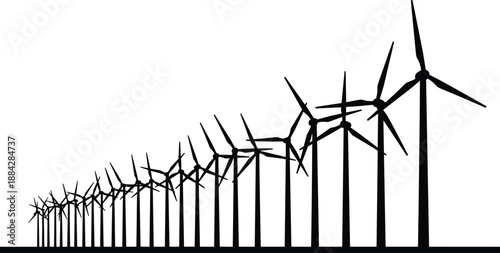 Wind turbine farm silhouette with multiple windmills in perspective, renewable energy illustration showing sustainable power generation, clean electricity production and environmental green