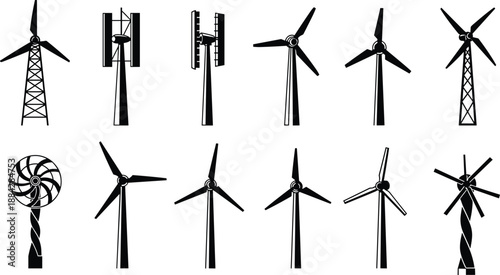 Wind turbine illustration set featuring various modern windmill designs, renewable energy generators, clean power technology and eco-friendly turbine structures for sustainable electricity production
