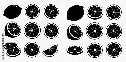 Black silhouette of whole and sliced lemons on a transparent background, vector illustration.