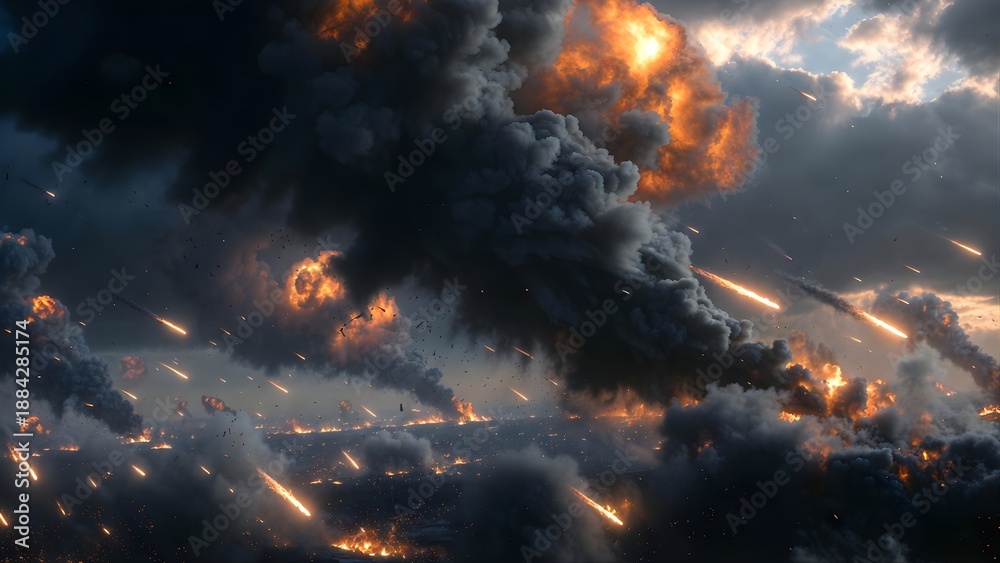 Fototapeta premium A dramatic scene of widespread destruction and explosions, with smoke and fire filling the sky, signifying a catastrophic event