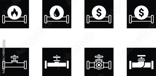 Set of industrial pipeline and valve icons on black background representing oil, gas, water and fuel utility services.