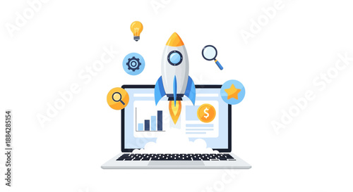 Laptop screen displaying a rocket launch with financial graphs and icons, symbolizing business growth and innovation