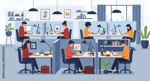 Office workers engaged in various tasks at their workstations in a modern, well-lit office environment viewed from above.