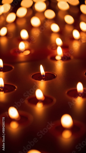 Warm Candle Flames Arrayed on Reflective Surface Creating Bokeh Background