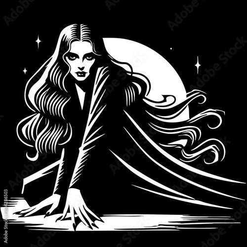 Girl under the moon (sitting). Female silhouette against a huge lunar disk. Melancholy, nocturnal peace.