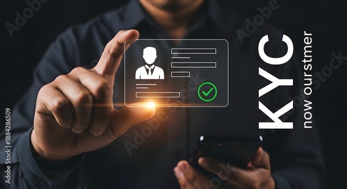 A businessman verifying customer identity for KYC process on a smartphone app