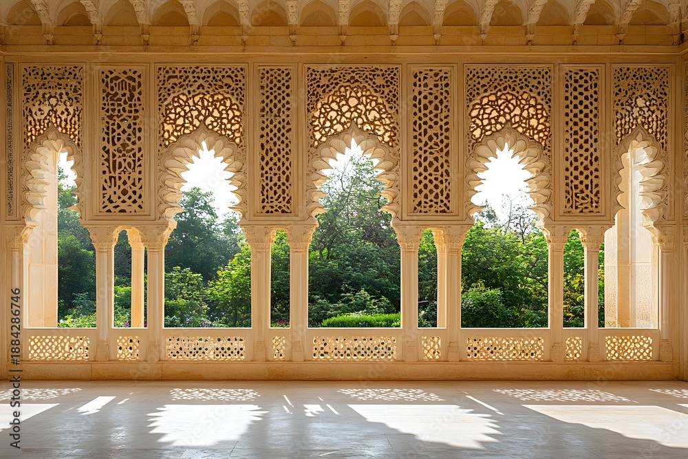 Naklejka premium Ornate stone latticework arches frame lush greenery outside a historic pavilion