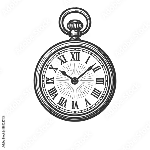 pocket watch with Roman numerals sketch engraving generative ai vector illustration. Scratch board imitation. Black and white image.