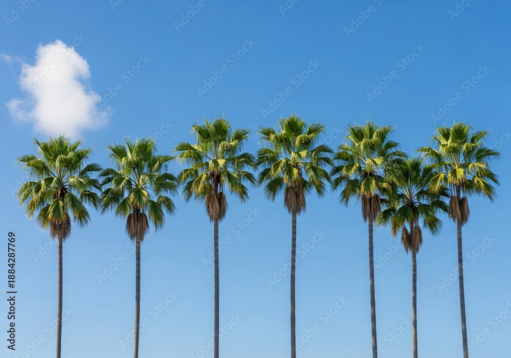 Obraz premium Six Tall Palm Trees Against Clear Blue Sky With Fluffy Cloud