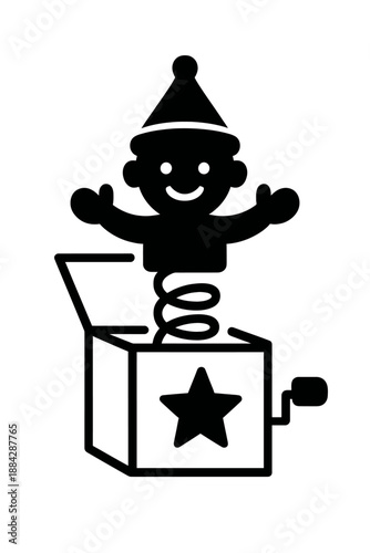 Delightful Jack-in-the-Box Icon: A classic children's toy featuring a joyful jester with a party hat springing from a decorated musical box with a crank and star, symbolizing surprise, vintage play