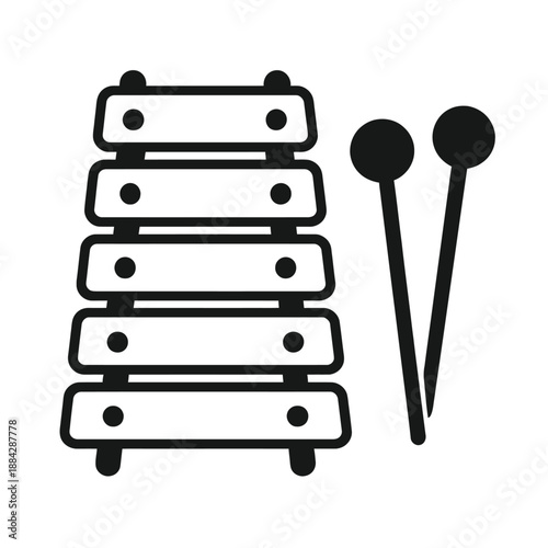 Dark grey minimalist xylophone and mallets icon. Clean vector graphic depicts percussion instrument with five tonal bars. Perfect for music apps, educational tools, sound design, children's games