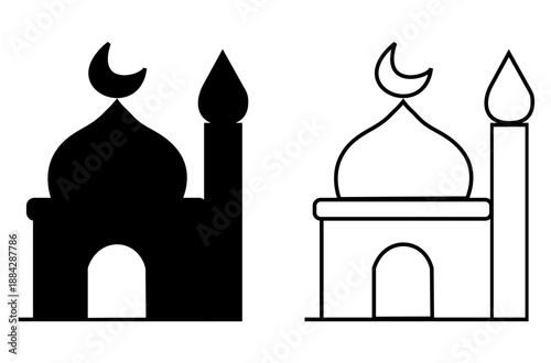 Icon, islamic prayer room illustration, black and white, outline and silhouette versions