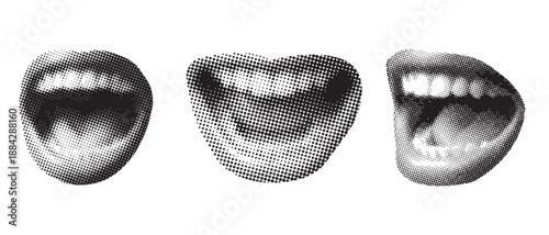 A striking black and white illustration depicts three distinct views of an open human mouth showcasing the interior and emphasizing vocalization high-quality professional detailed modern