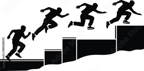 Silhouette of a person ascending steps symbolizing growth, progress, achievement, and personal development in vector style