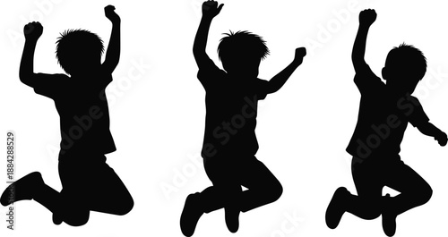 Silhouette of three children jumping with raised arms expressing joy, freedom, and playful energy in vector style
