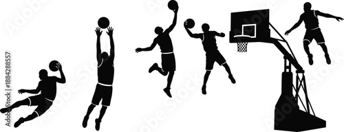 Silhouettes of basketball players in dynamic poses performing jump shots, dunks, and athletic moves near the hoop