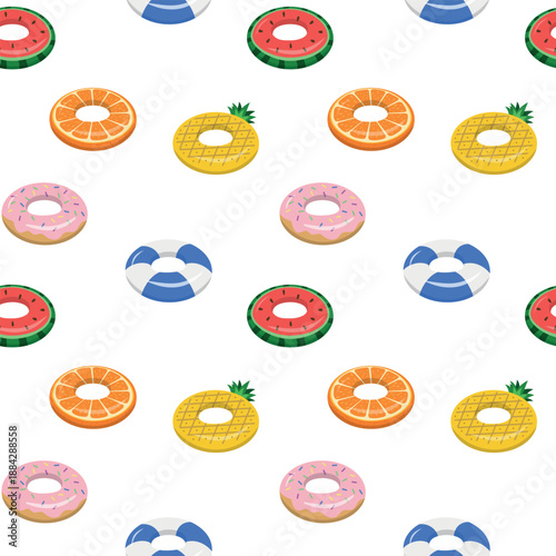 Cartoon Summer Pattern with Inflatable Rubber Rings on White Background