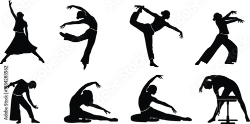 Silhouettes of diverse dancers in expressive poses showcasing flexibility, balance, and graceful movement in vector illustration style