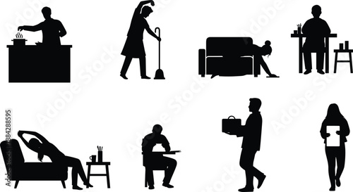Silhouettes of people performing daily activities like cooking, cleaning, working, relaxing, and stretching in vector illustration style
