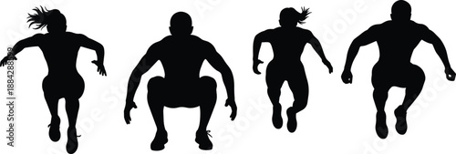 Silhouettes of individuals performing squat jumps in mid-air showcasing fitness, strength, agility, and dynamic exercise movement