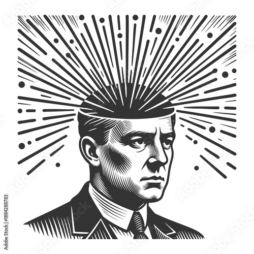man with an open head and rays symbolizing ideas, inspiration, or mental overload sketch engraving generative ai fictional character vector illustration. Scratch board imitation. Black and white image