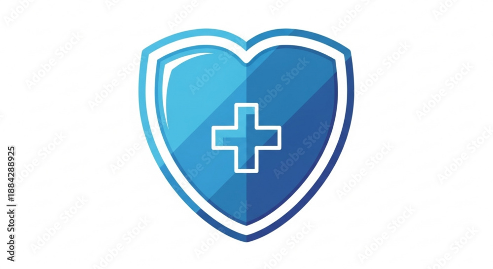 Fototapeta premium Blue shield with white cross symbol on heart shape medical protection icon