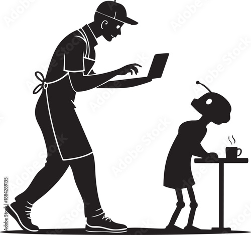 Human Barista Serving Robot Silhouette in Smart Cafe Setting