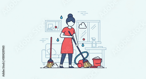 Woman cleaning with vacuum and broom in bathroom with water drops and cleaning supplies