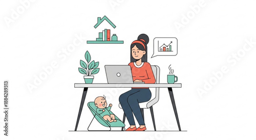 Remote working mother balancing work and childcare at home with laptop and baby