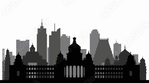 Black silhouette of Bangalore city skyline featuring Vidhana Soudha and modern skyscrapers, concept for urban development, travel brochures and architectural presentations