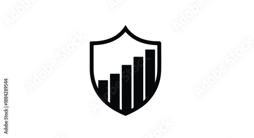 Shield icon with growing bar chart graph, symbolizing protection and growth, security and success concept in modern black and white design