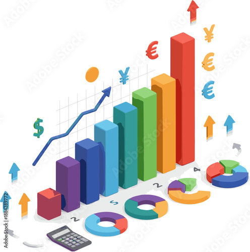 Create a kinds of deferent realistic Growing bar graphs and pie chart - Financial analysis, business finance concept. 3d illustration vector art with white background..
