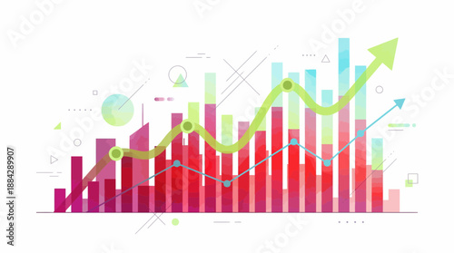 Vibrant abstract growth chart showing rising bars and upward trending lines on a white background, concept for business intelligence, financial reporting and marketing statistics