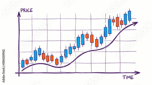 Hand-drawn candlestick chart illustrating bullish stock market growth with increasing price over time on a grid, concept for financial reporting, investment analysis and business presentations