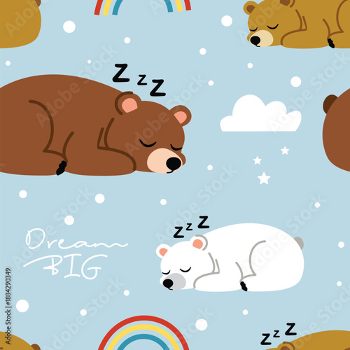 Cute Sleeping Bears with Rainbows and Stars on Blue Background