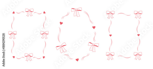 Set of pink frames with a bow and a ribbon border. Vintage doodle decorative ornament. Hand-drawn vector illustration in cute elegant coquette style.