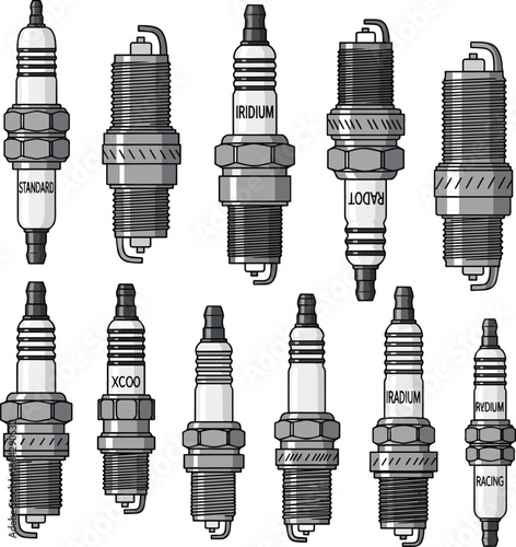 Create a kinds of deferent Spark plug vector art with white background..