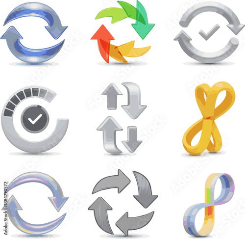 Create a kinds of deferent Refresh icon. Reload icon. Update, loop icon. 3d illustration vector art with white background.