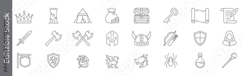 RPG elements, medieval fantasy, adventure icon set – editable outline symbols of crown, axe, sword, shield, dragon, helmet, scroll and treasure