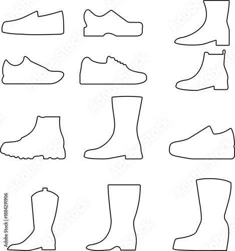 Men shoes icons set including boots sneakers loafers formal footwear silhouettes in line style, male fashion shoe outline illustration collection for branding design
