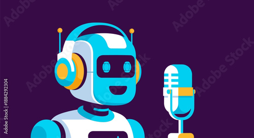 Robot wearing headphones and standing next to a microphone on a purple background, an illustration of technology and communication