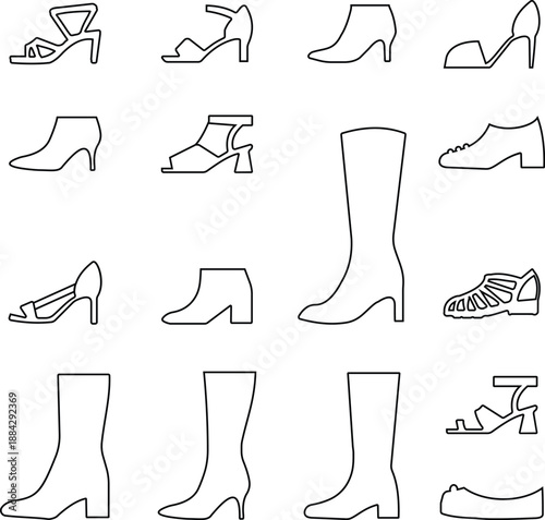Women shoes icons set featuring heels boots sandals flats pumps silhouettes in line style, female fashion footwear outline illustration collection for store web branding