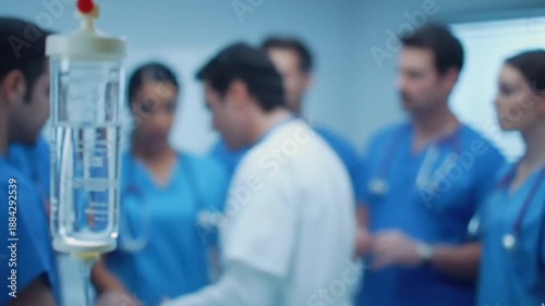 Medical team standing around an iv drip in a hospital setting with blue scrubs on