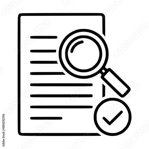 Document Review and Verification Icon Magnifying Glass Examining Paper with Checkmark for Approval and Quality Control Process