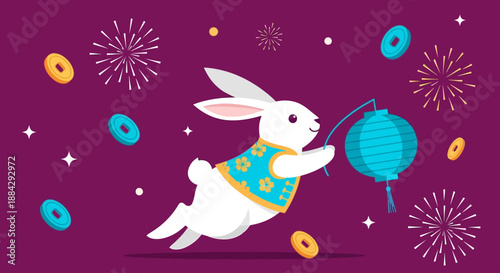A white rabbit in traditional attire joyfully dances with a lantern amidst vibrant fireworks and festive decorations