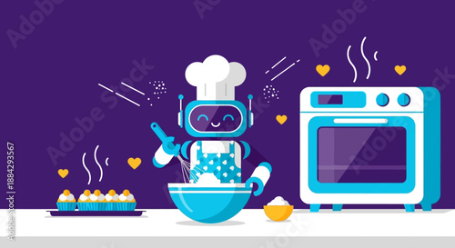 Robot chef cooking in a kitchen with hearts and utensils around