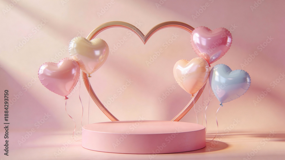 Fototapeta premium Pink product display podium with a golden heart frame and romantic balloons
